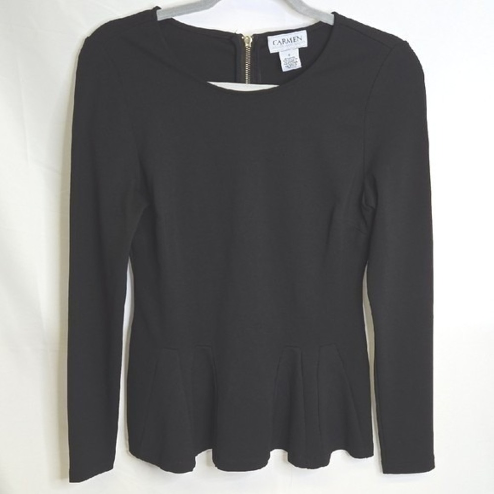 Carmen Marc Valvo Peplum Long Sleeve Top, Office Wear Business, Black, Small